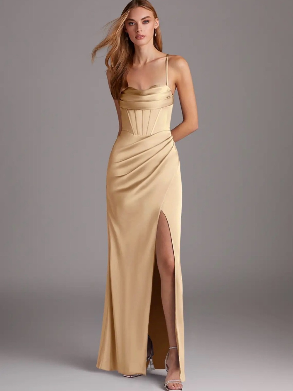 Gold Satin Corset Evening Gown with Thigh Slit